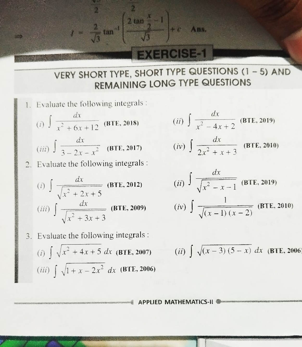 I=3​2​tan−1(3​2tan2x​−1​)+c Ans. 

VERY SHORT TYPE, SHORT TYPE QUESTIO