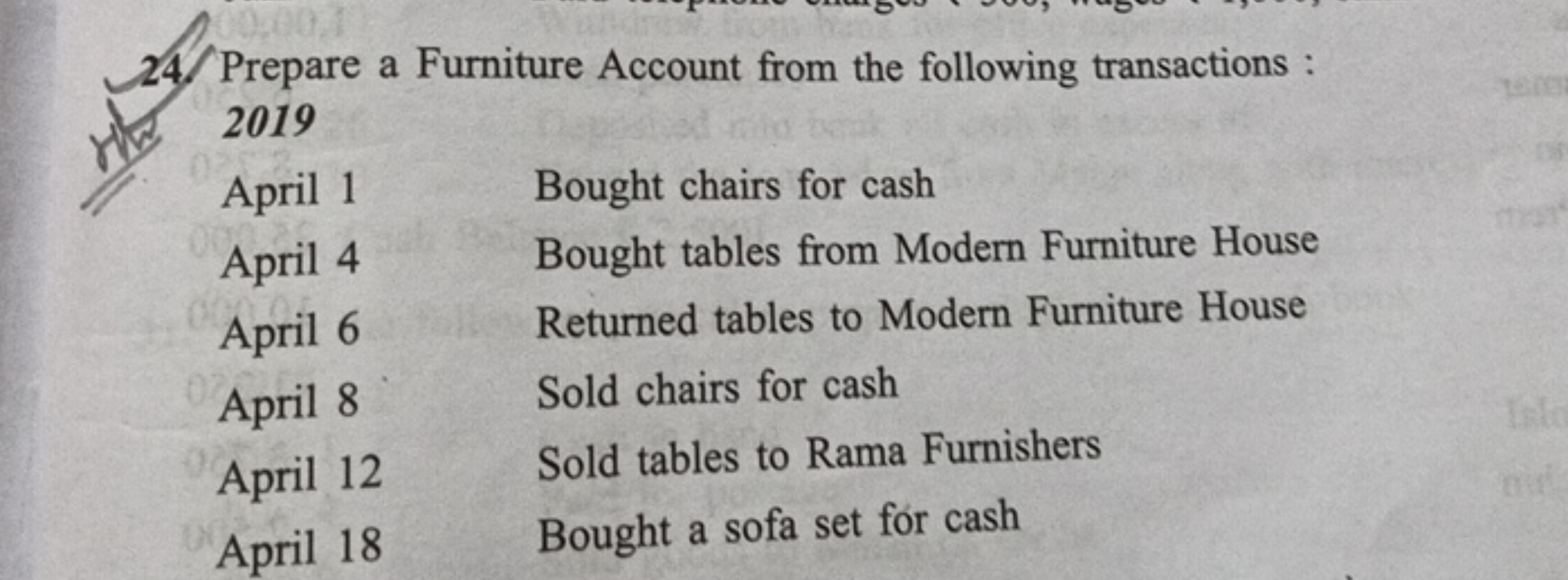 24. Prepare a Furniture Account from the following transactions :
2019