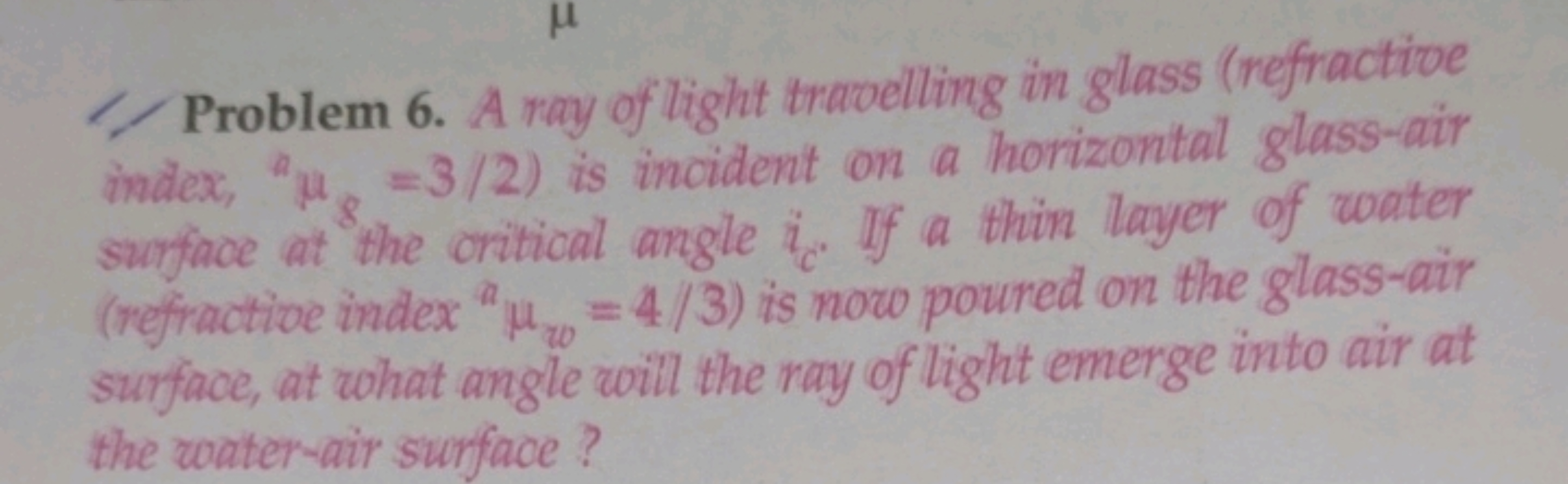 Problem 6. A ray of light travelling in glass (refractive index, nμg​=