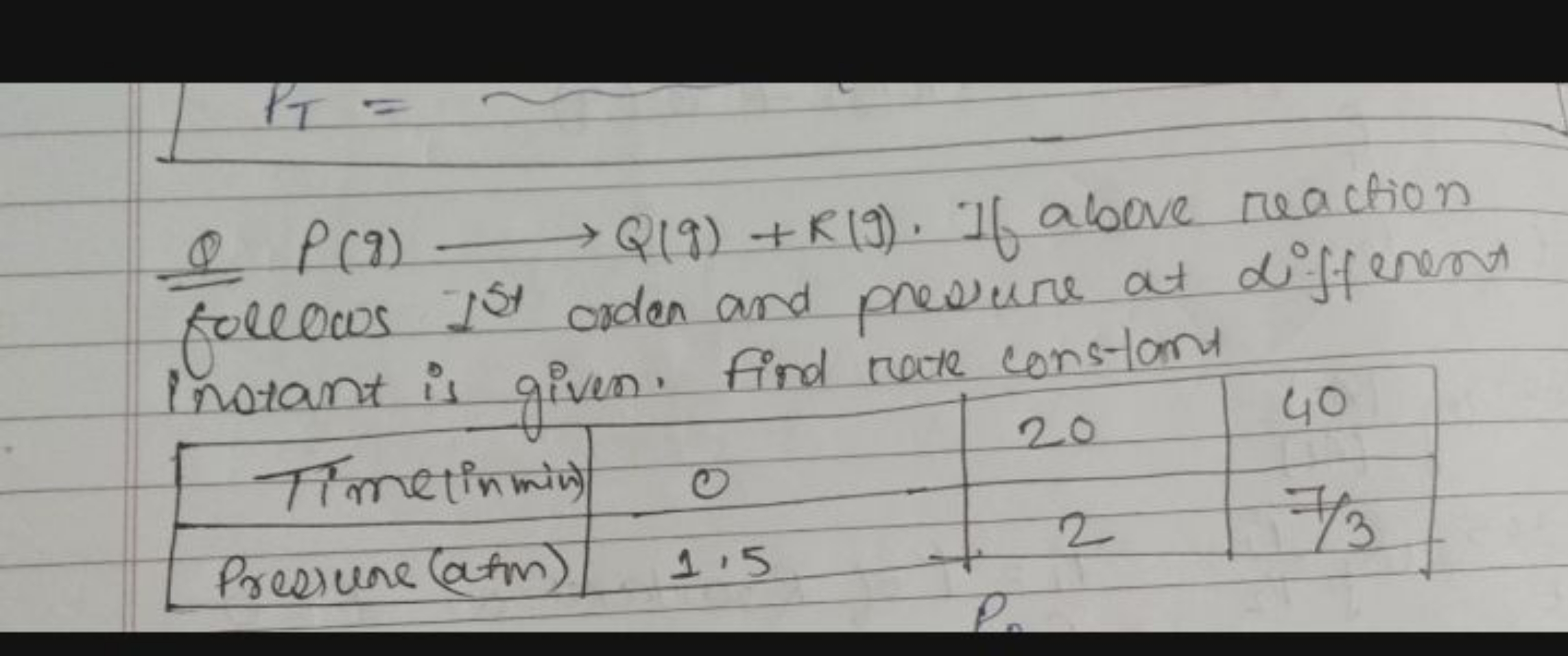 Q P(g)⟶Q(g)+R(9). If above reaction follows Ist  order and pressure at