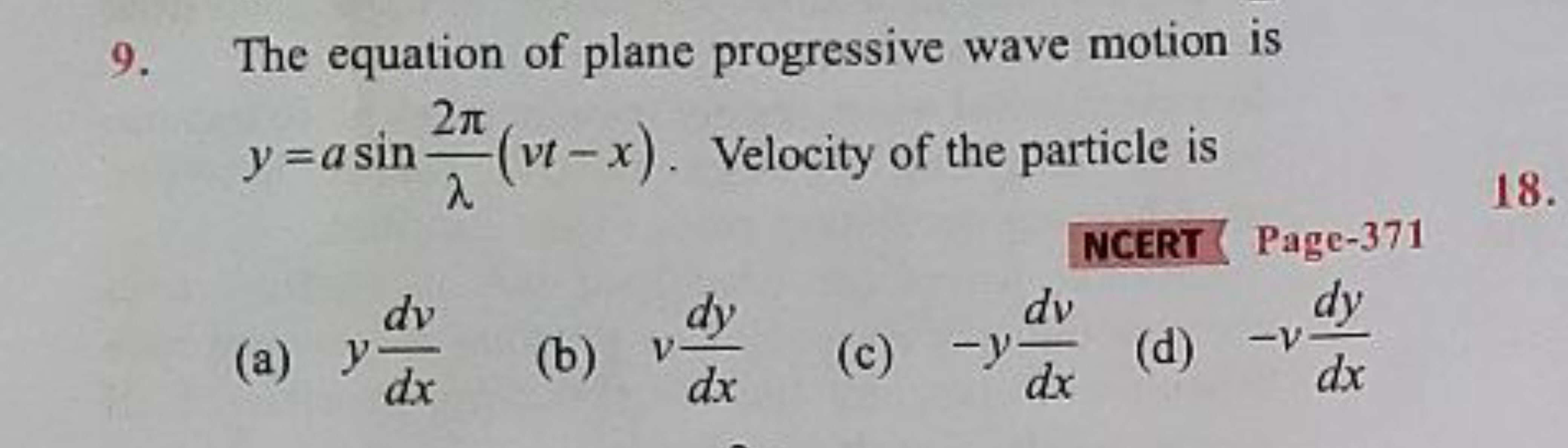 The equation of plane progressive wave motion is y=asinλ2π​(vt−x). Vel