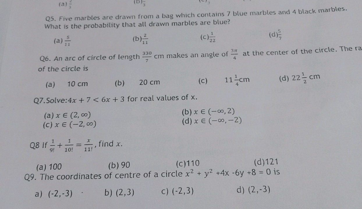 Q5. Five marbles are drawn from a bag which contains 7 blue marbles an