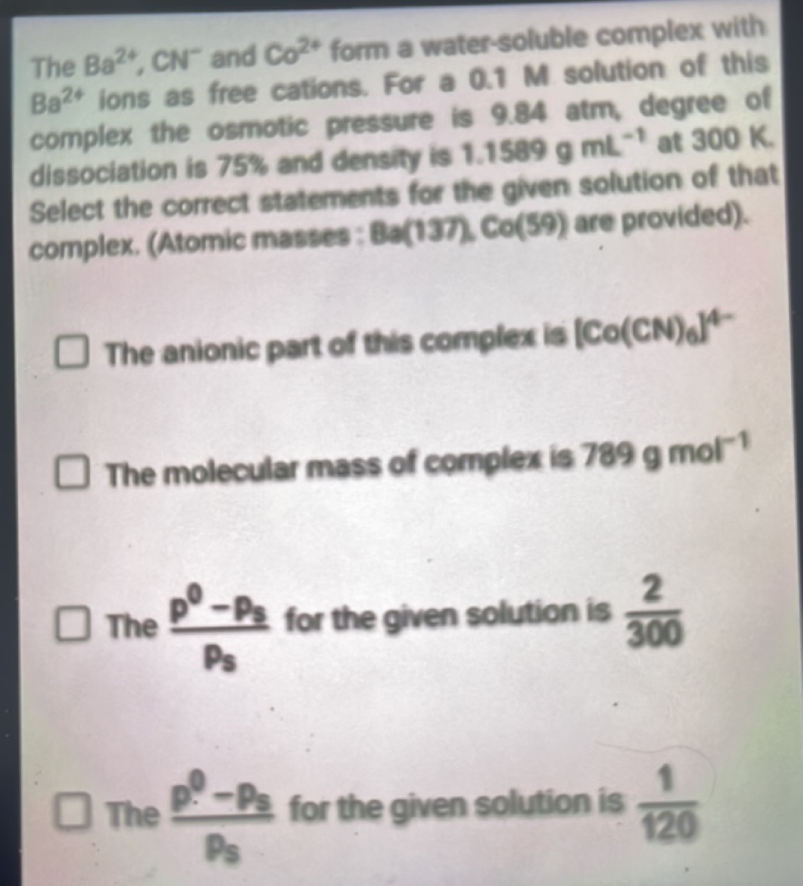 The Ba2+,CN−and CO2+ form a water-soluble complex with Ba2+ ions as fr