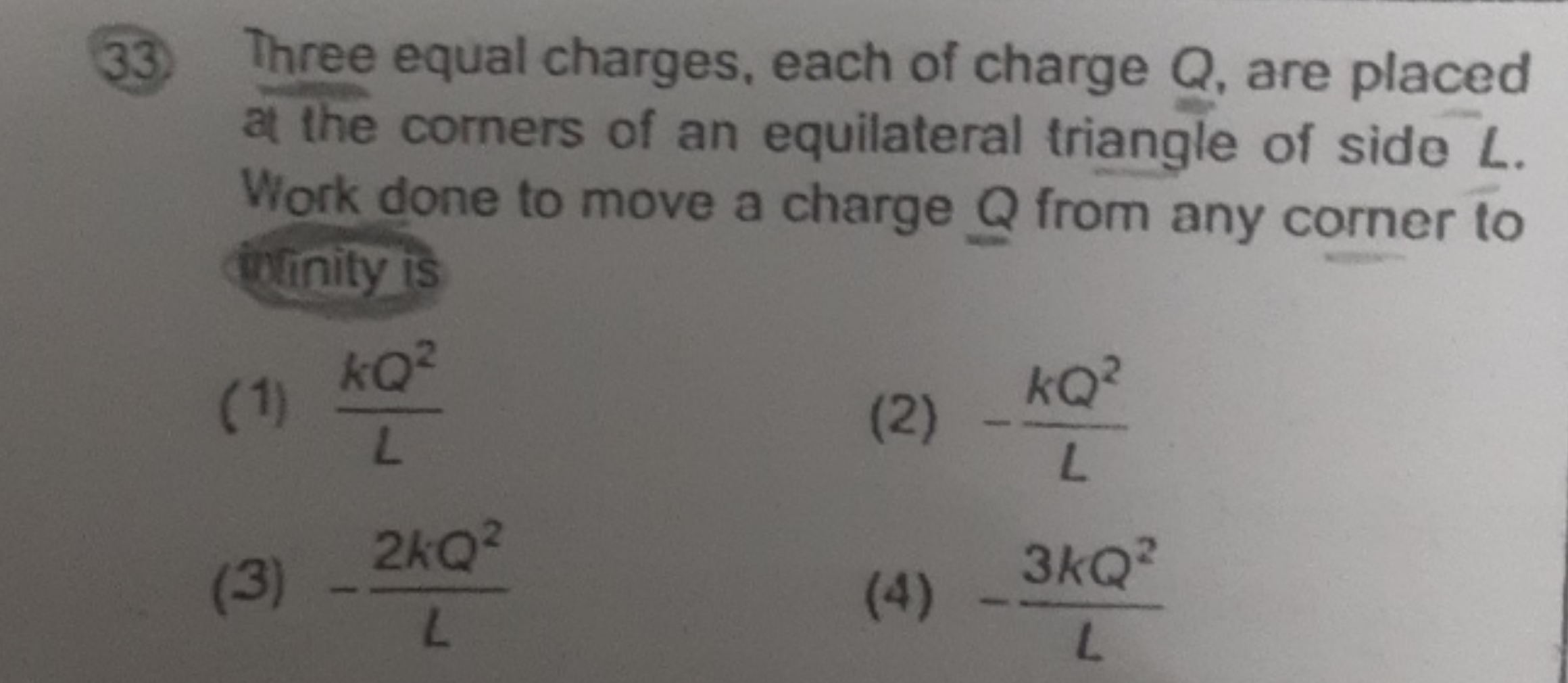  Three equal charges, each of charge Q, are placed at the corners of a