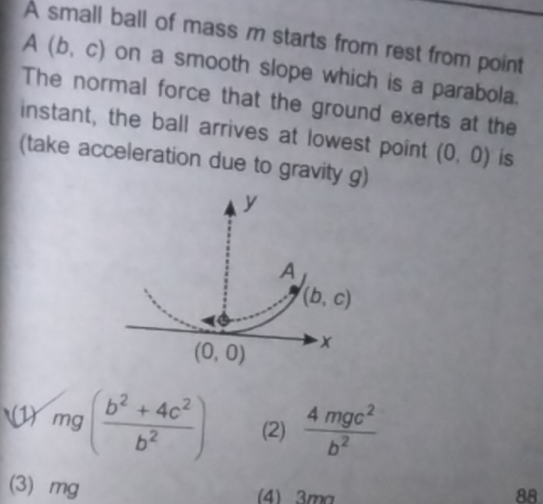 A small ball of mass m starts from rest from point A(b,c) on a smooth 