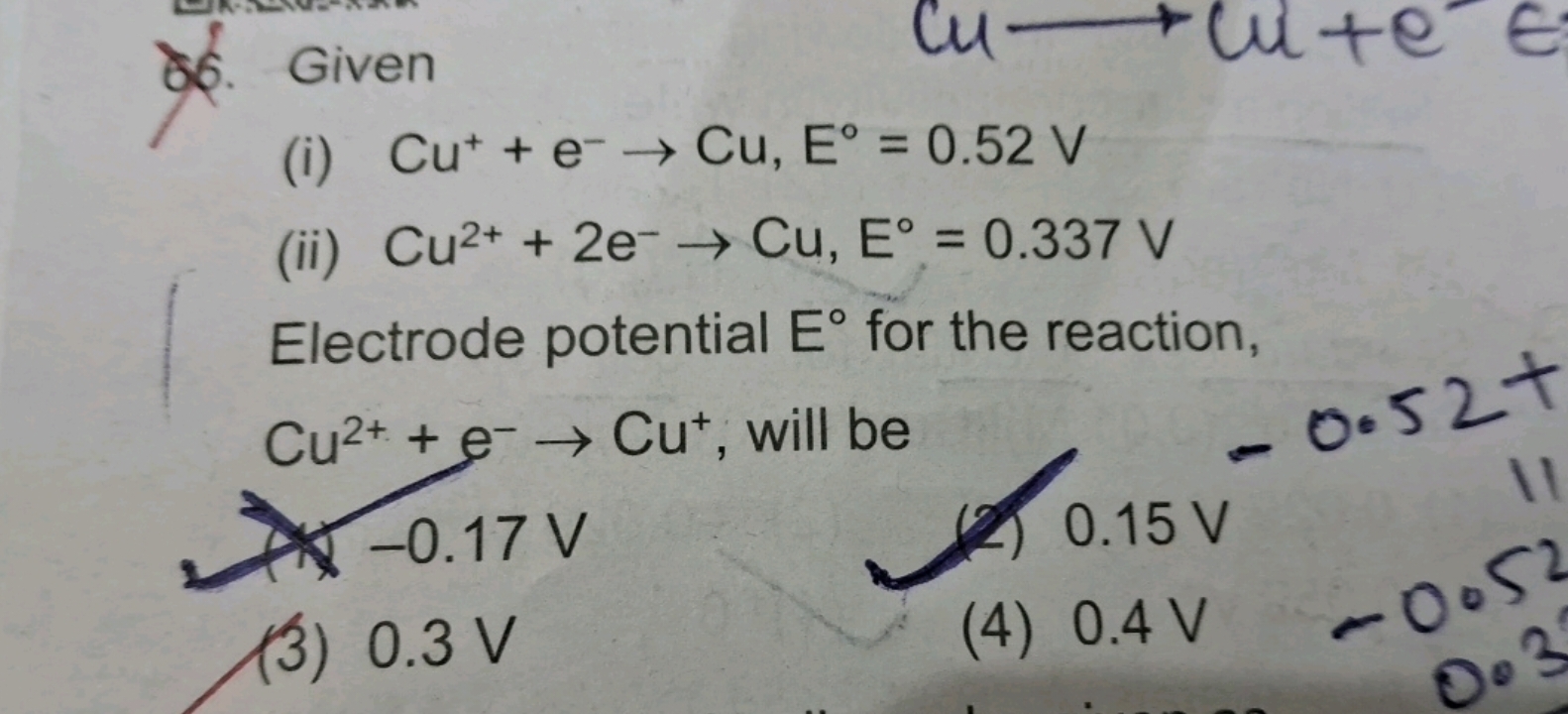 Electrode potential E∘ for the reaction, Cu2++e−→Cu+, will be