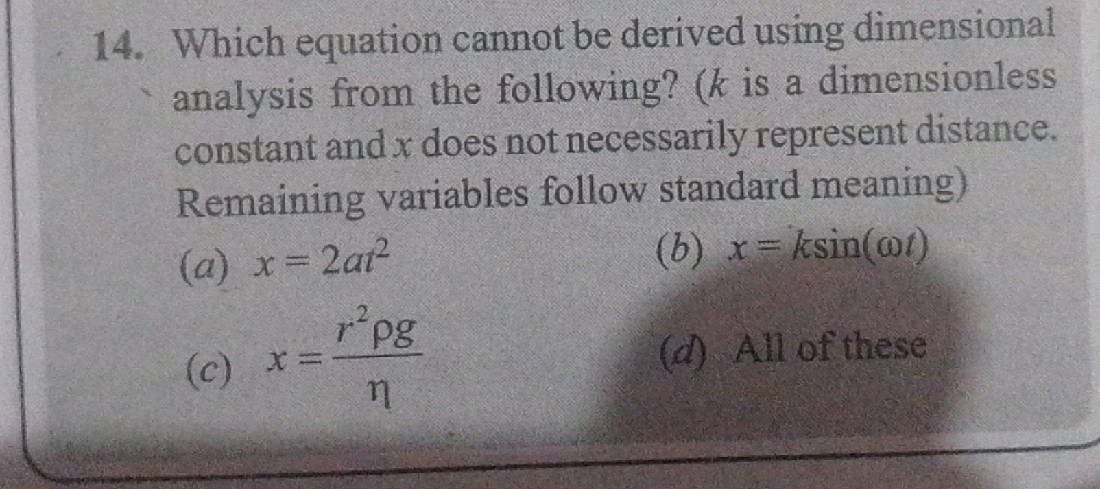 Which equation cannot be derived using dimensional analysis from the f