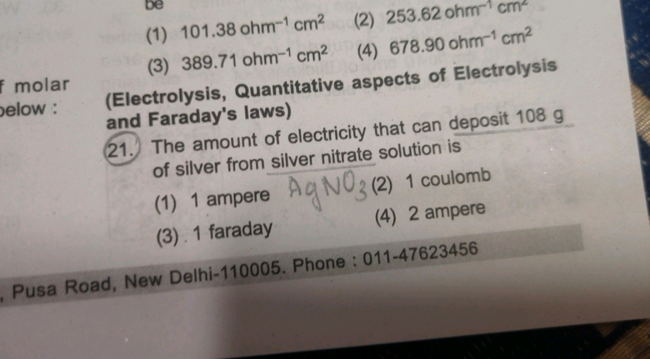 molar (Electrolysis, Quantitative aspects of Electrolysis selow : and 