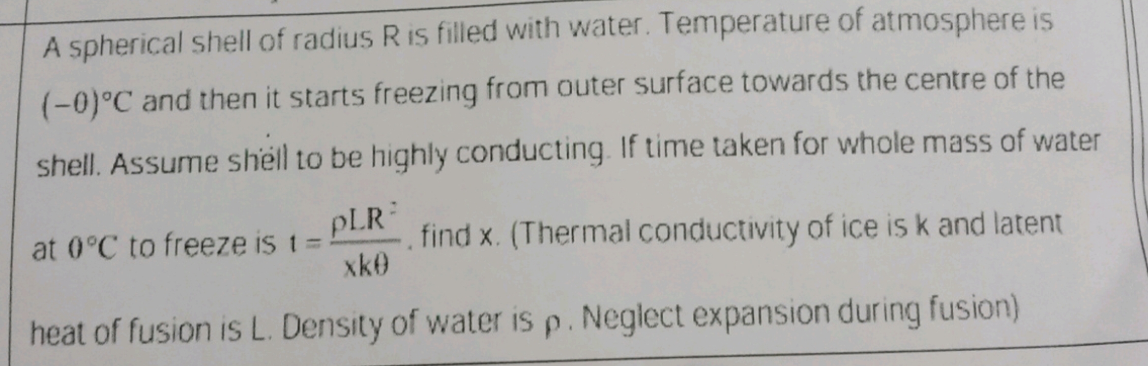 A spherical shell of radius R is filled with water. Temperature of atm