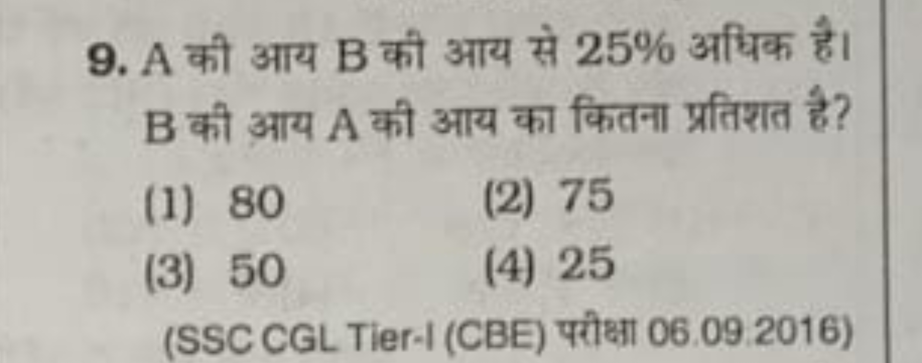 9. A की आय B की आय से 25% अधिक है। B की आय A की आय का कितना प्रतिशत है