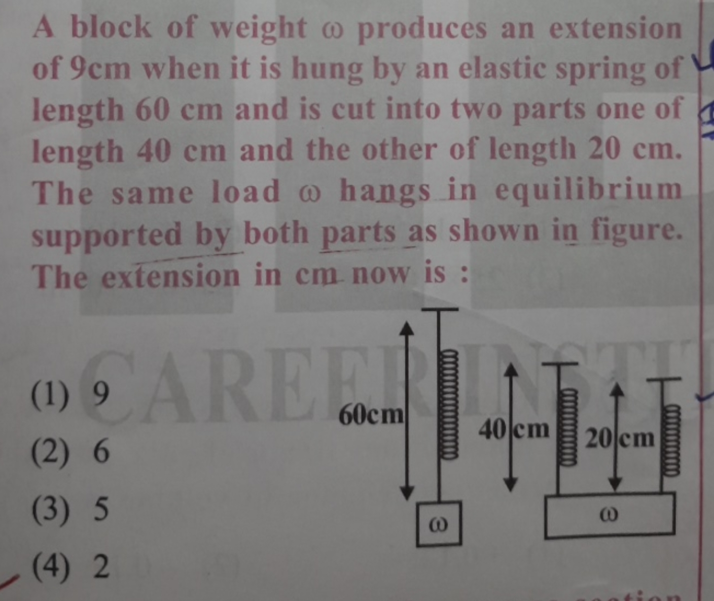 A block of weight ω produces an extension of 9 cm when it is hung by a