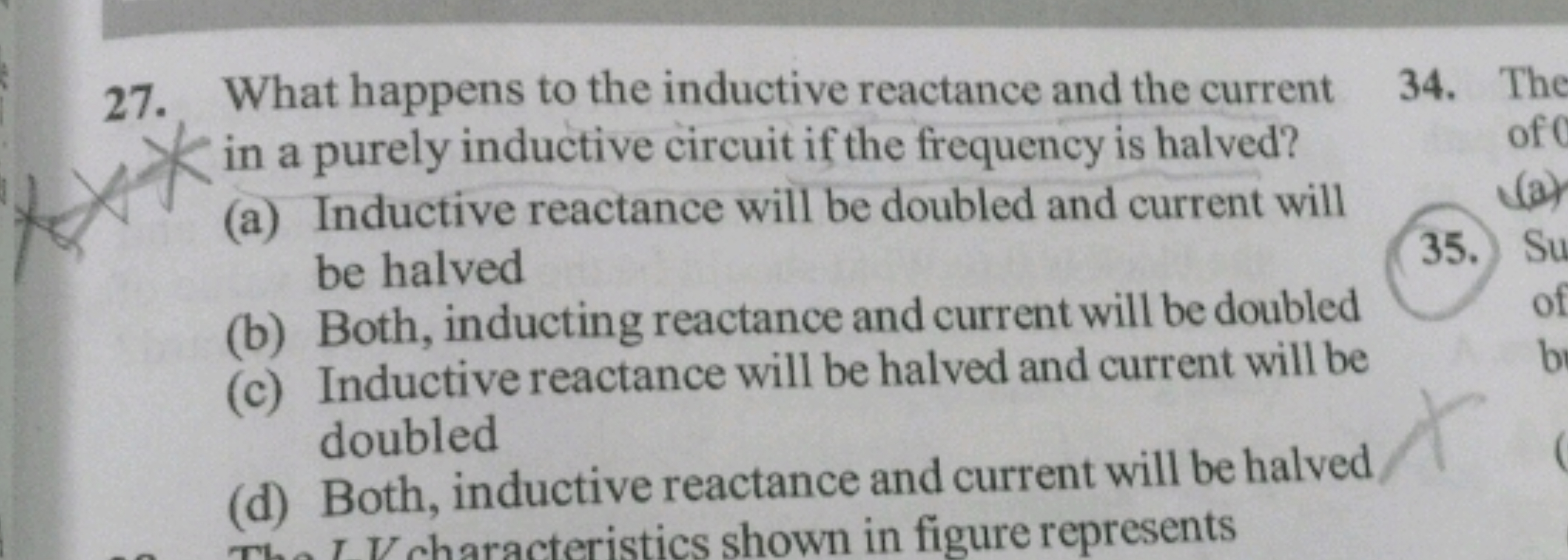 What happens to the inductive reactance and the current in a purely in