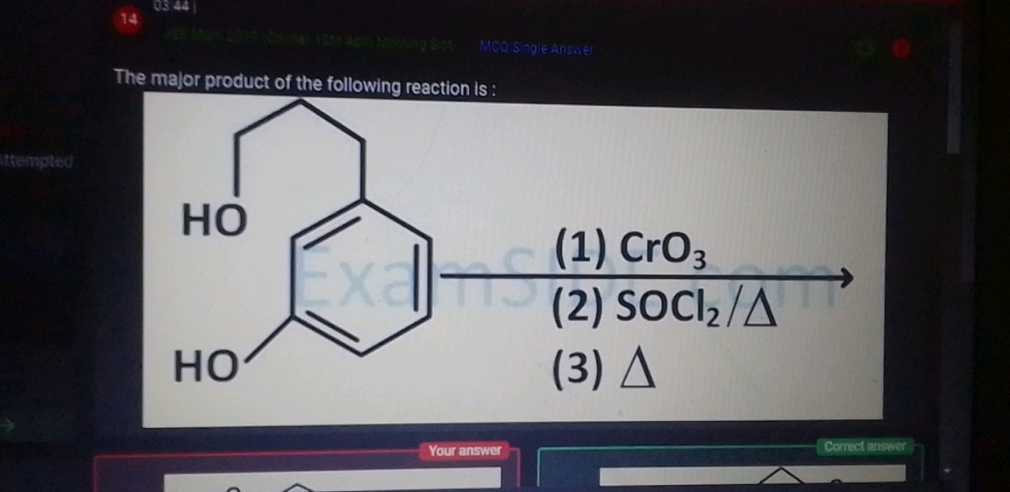 OCCc1cccc(O)c1
(1) CrO3​
(2) SOCl2​/△
(3) Δ
