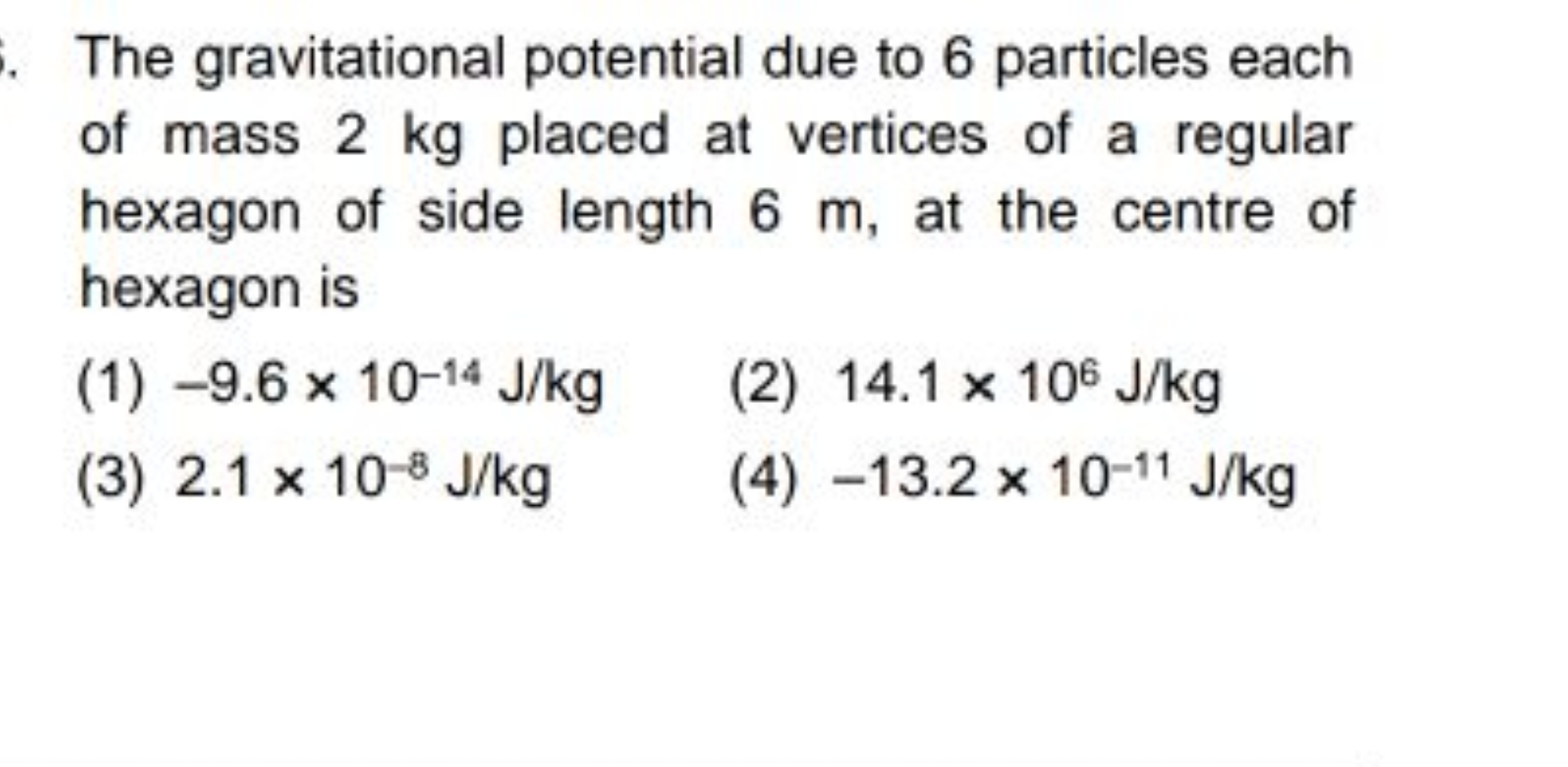 The gravitational potential due to 6 particles each of mass 2 kg place