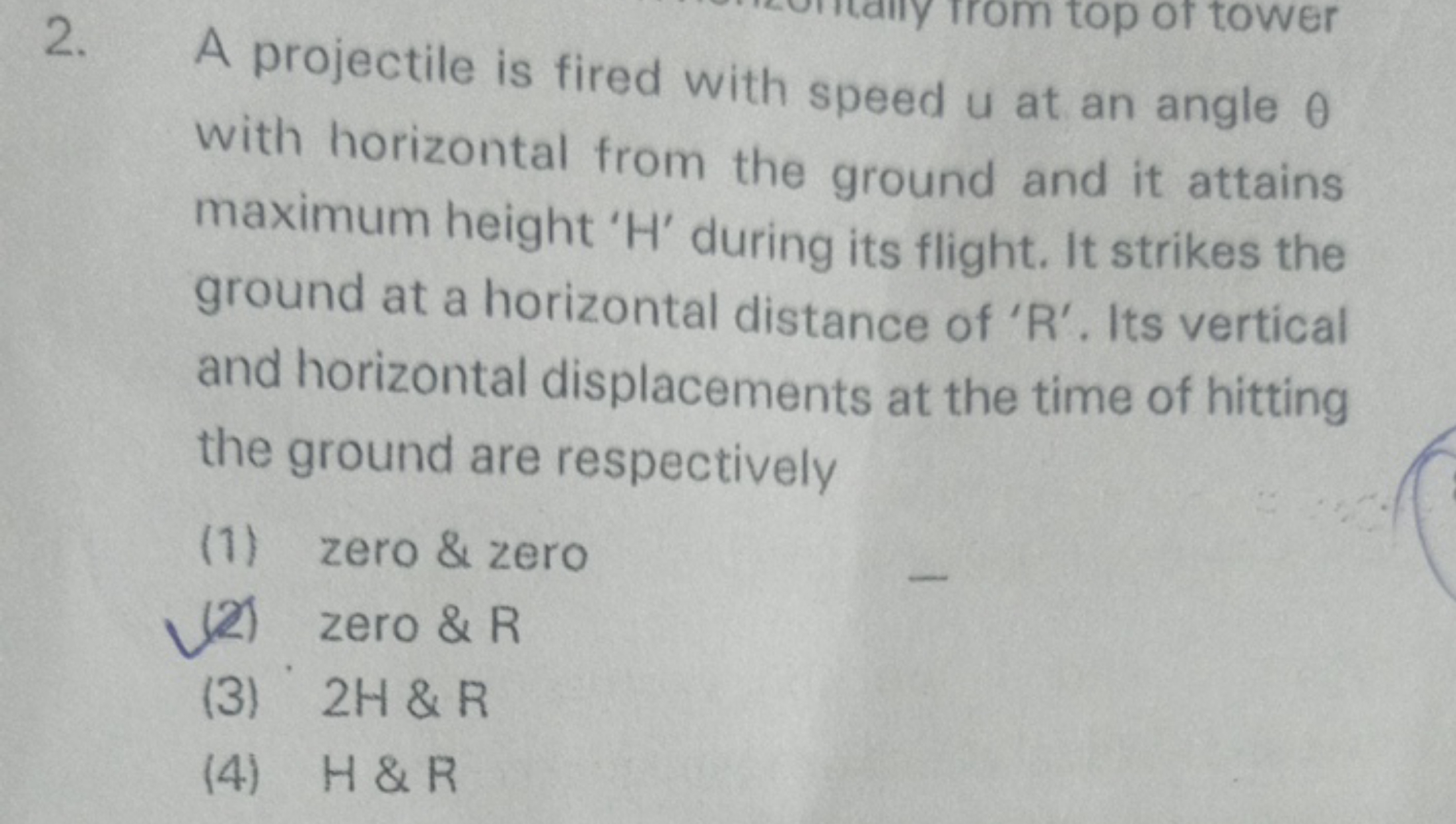 A projectile is fired with speed u at an angle θ with horizontal from 