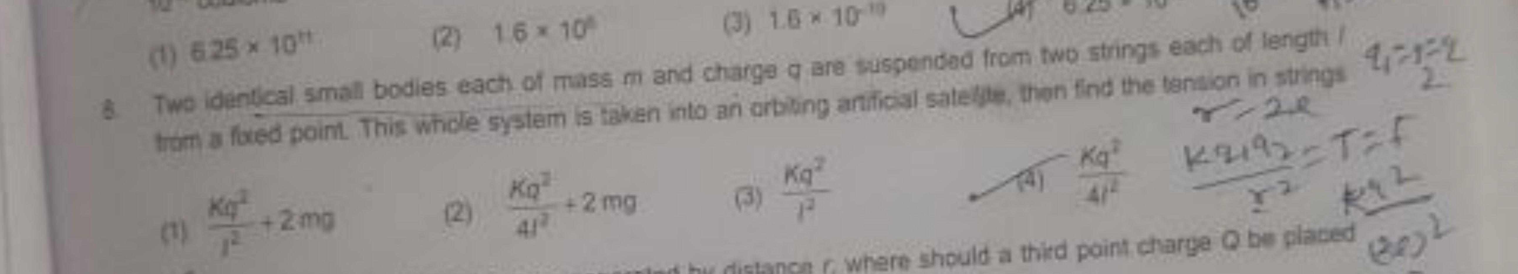 Two identical small bodies each of mass fr and charge q are suspended 