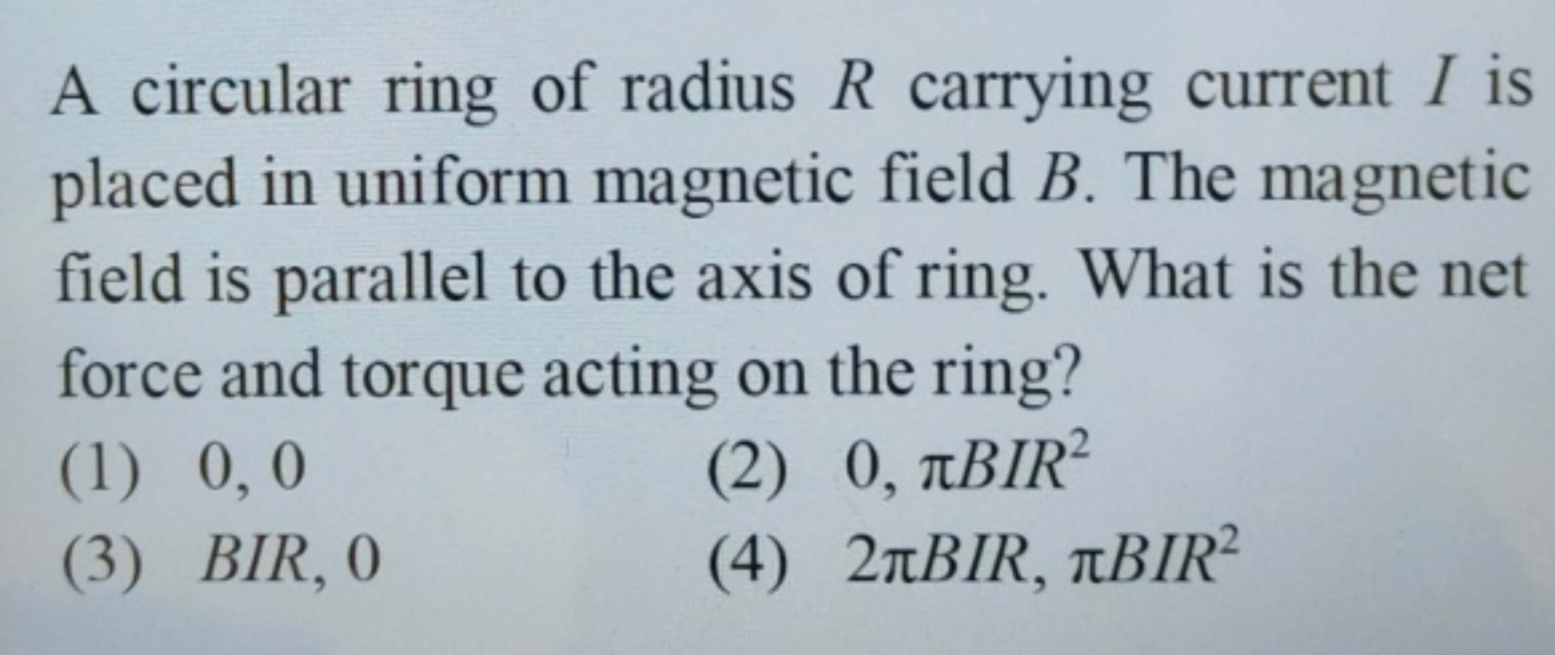 A circular ring of radius R carrying current I is placed in uniform ma