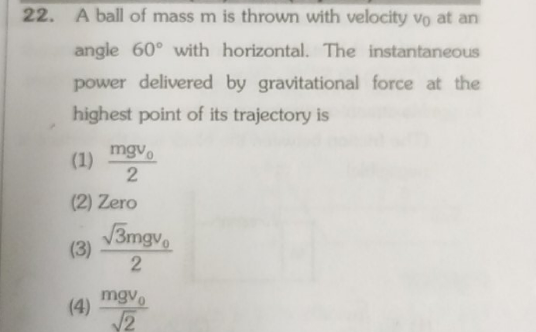 A ball of mass m is thrown with velocity v0​ at an angle 60∘ with hori