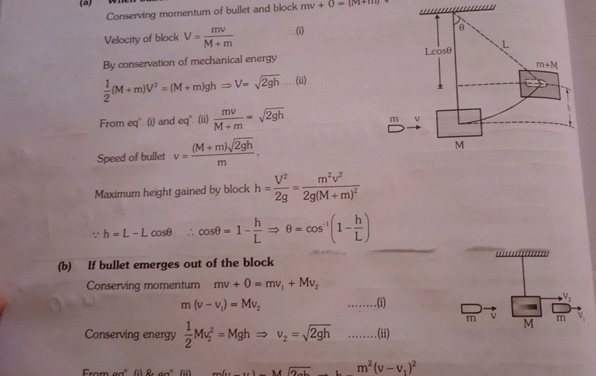 Conserving momentum of bullet and block mv+0=(M1+mi)
Velocity of block