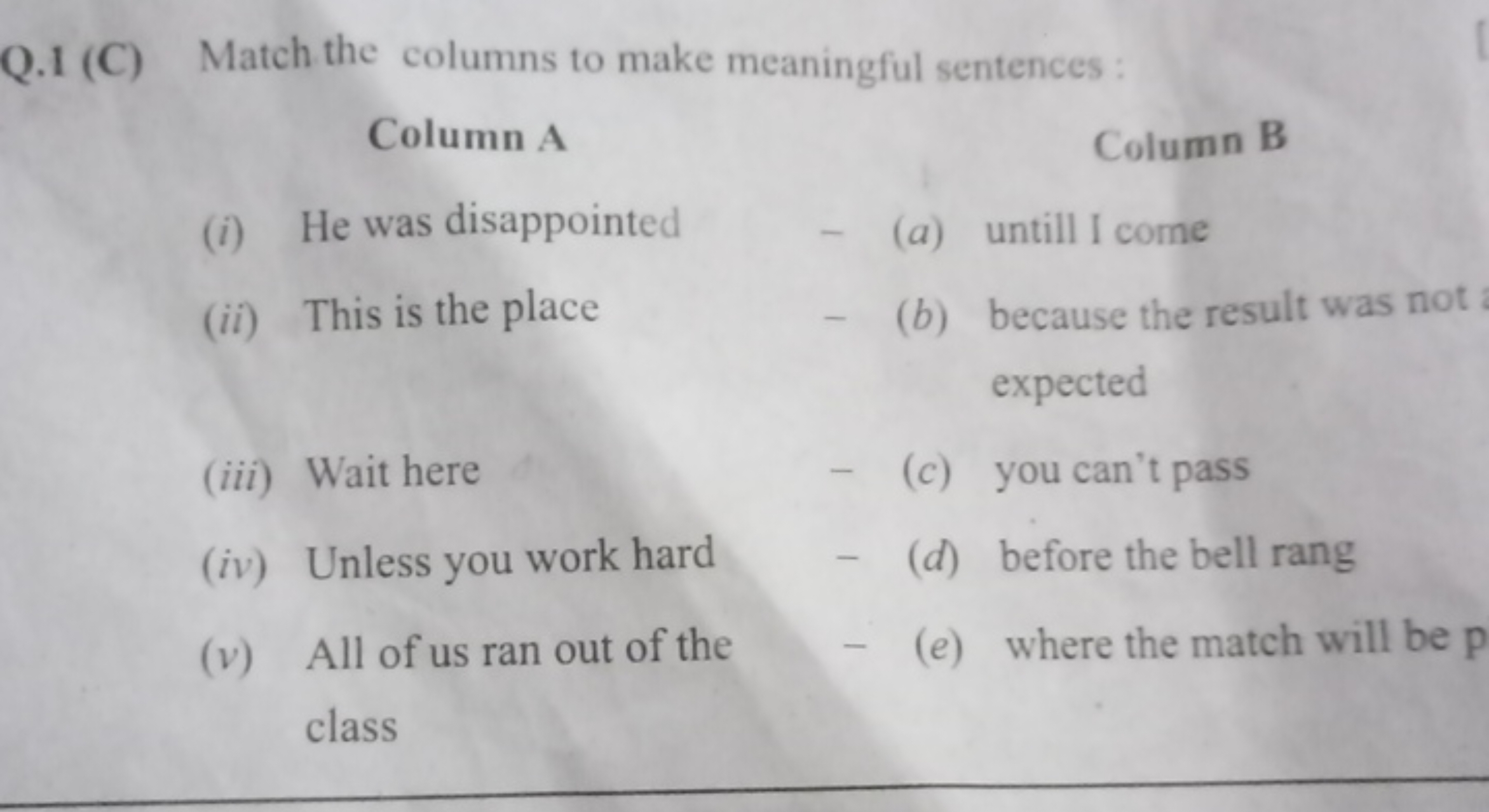 Q. 1 (C) Match the columns to make meaningful sentences:
Column AColum