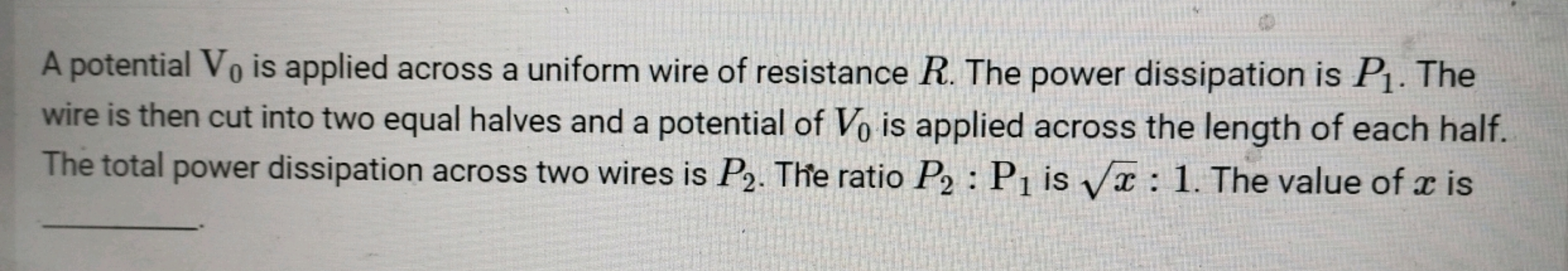 A potential V0​ is applied across a uniform wire of resistance R. The 