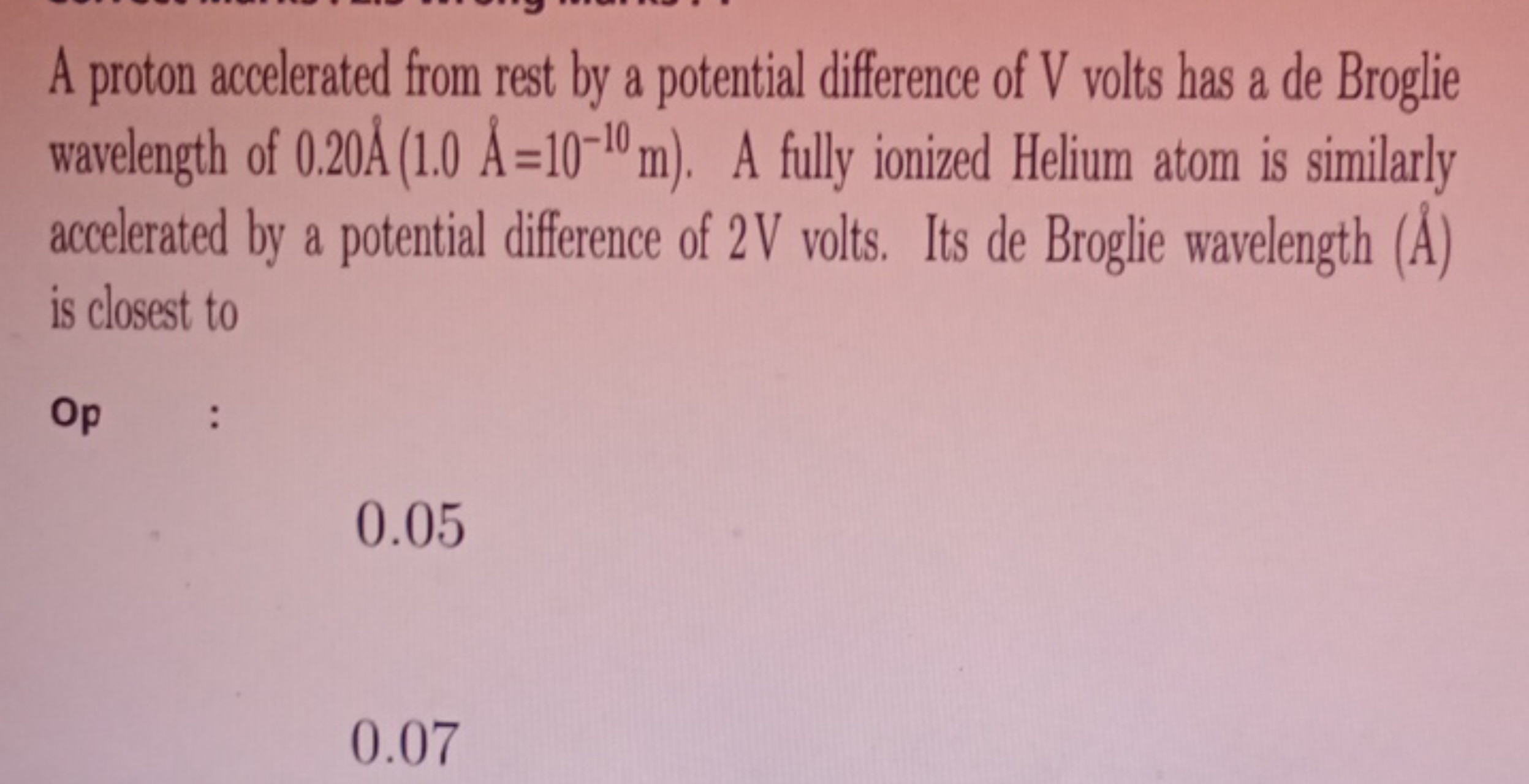 A proton accelerated from rest by a potential difference of V volts ha