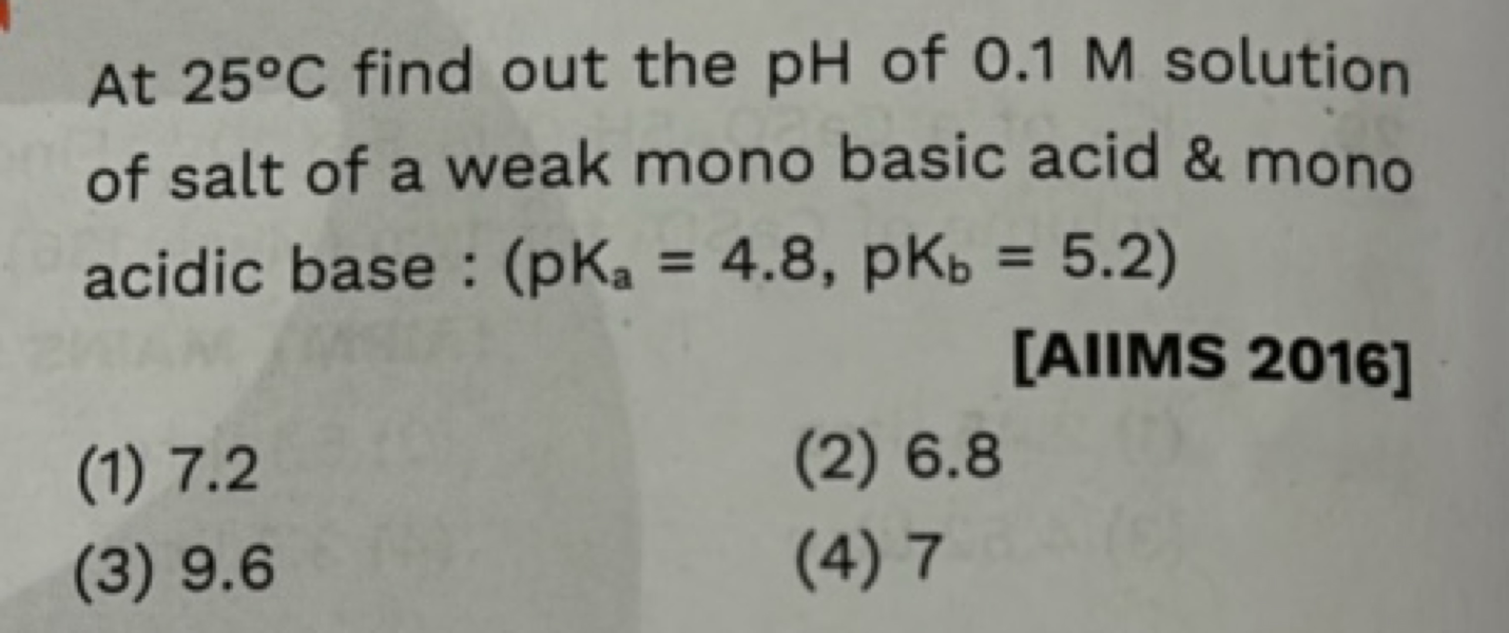 At 25∘C find out the pH of 0.1M solution of salt of a weak mono basic 