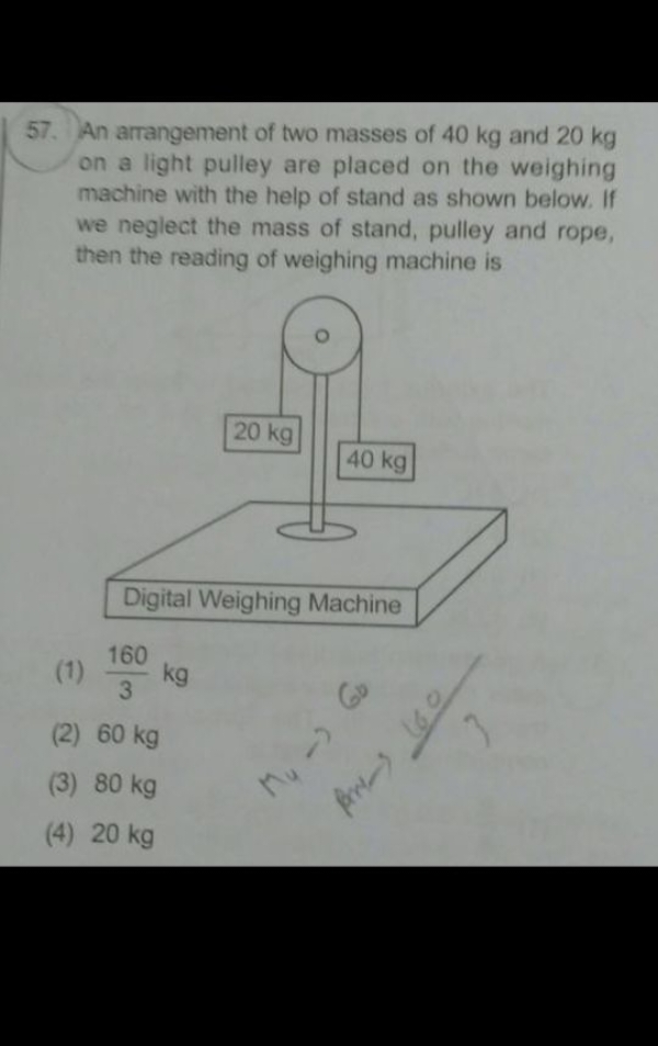 An arrangement of two masses of 40 kg and 20 kg on a light pulley are 