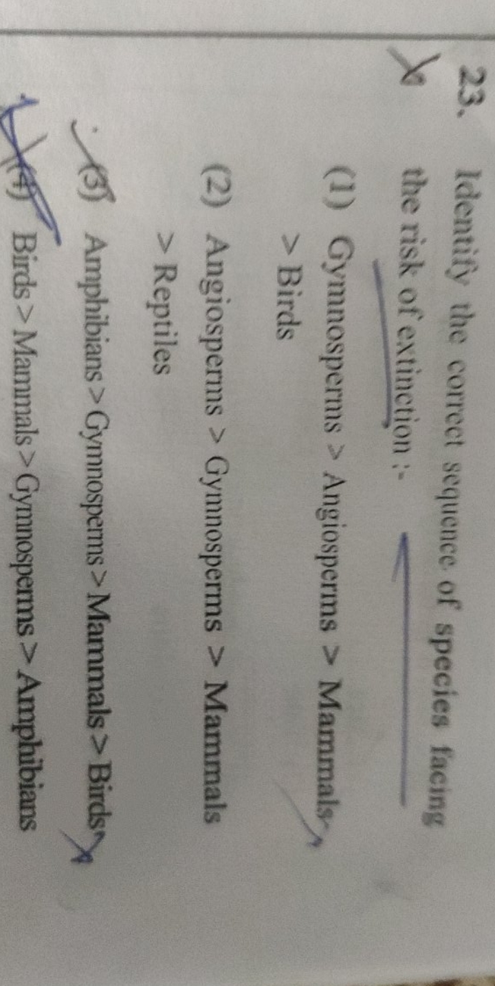 Identify the correct sequence of species facing the risk of extinction