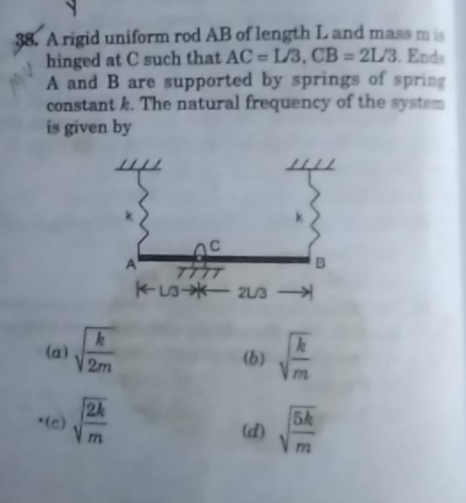 38. A rigid uniform rod AB of length L and mass m is hinged at C such 