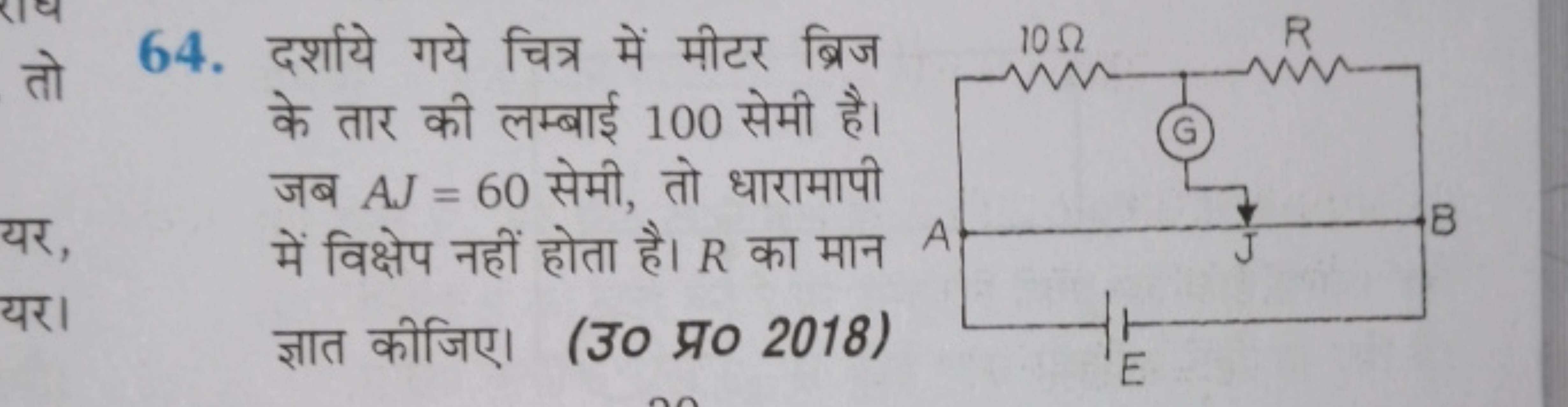 64. दर्शाये गये चित्र में मीटर ब्रिज के तार की लम्बाई 100 सेमी है। जब 