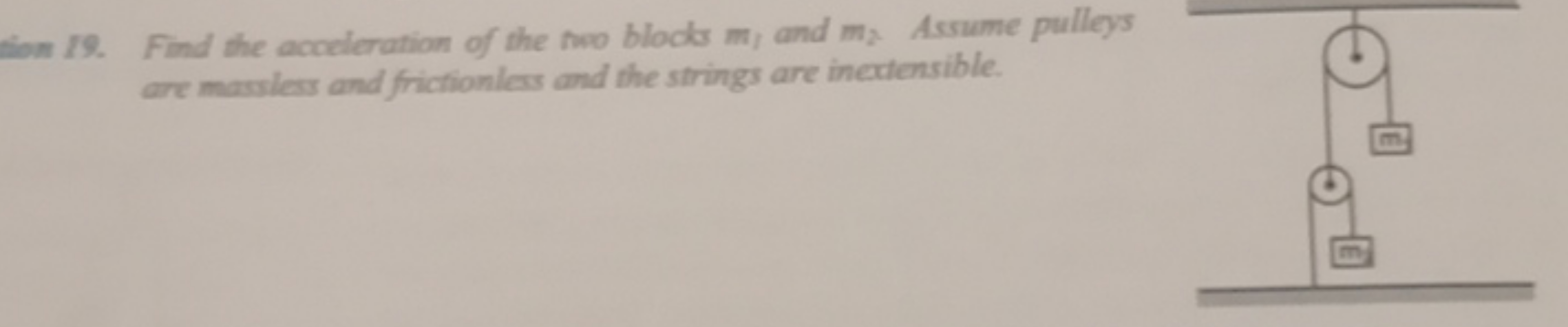 19. Find the acceleration of the thoo blods m1​ and m2​. Assume pulley