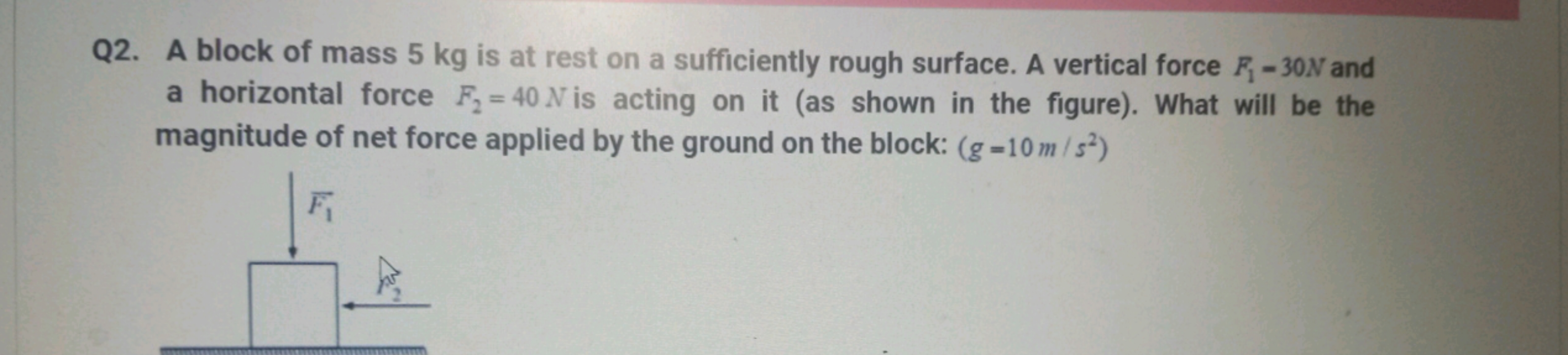 Q2. A block of mass 5 kg is at rest on a sufficiently rough surface. A