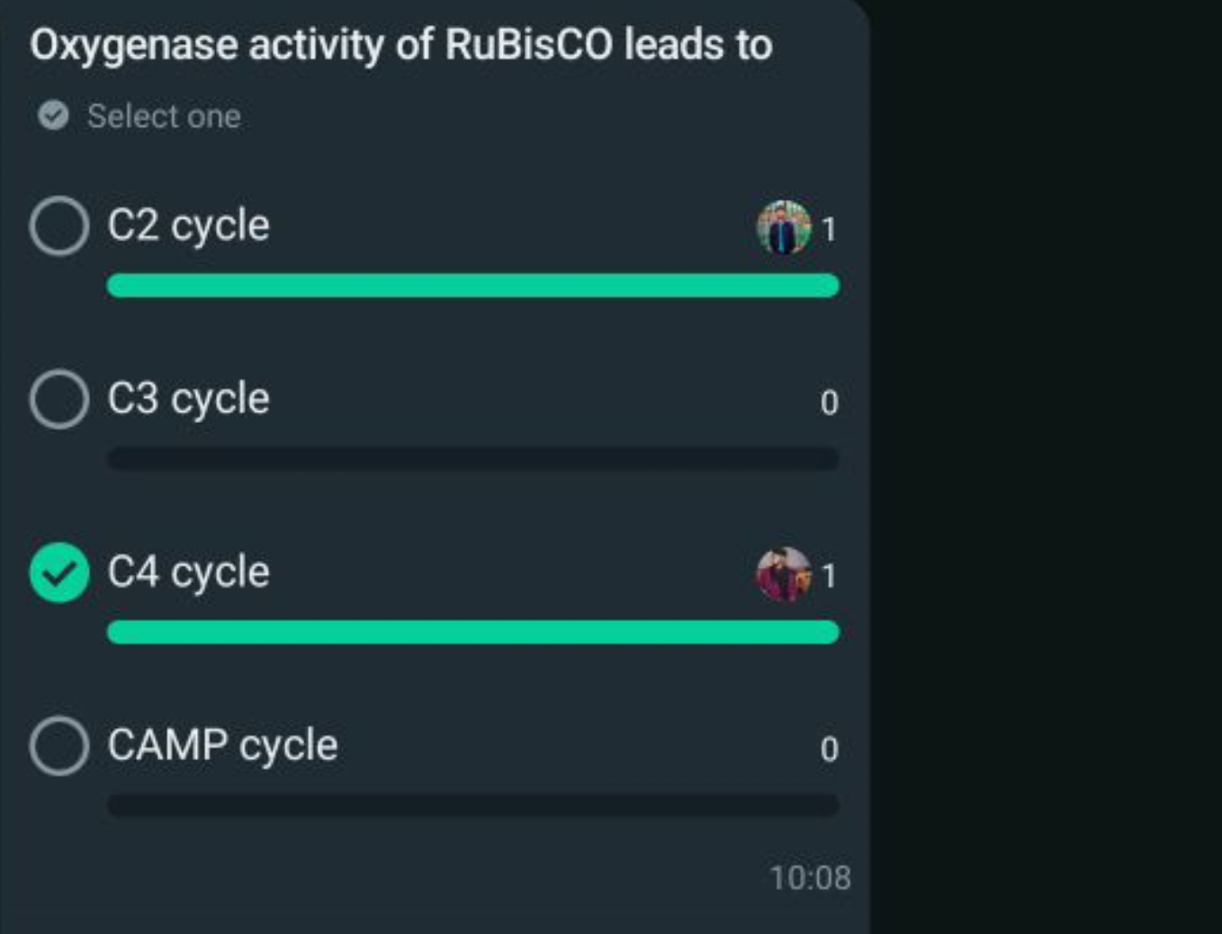 Oxygenase activity of RuBisCO leads to
Select one
C2 cycle
1
C3 cycle
