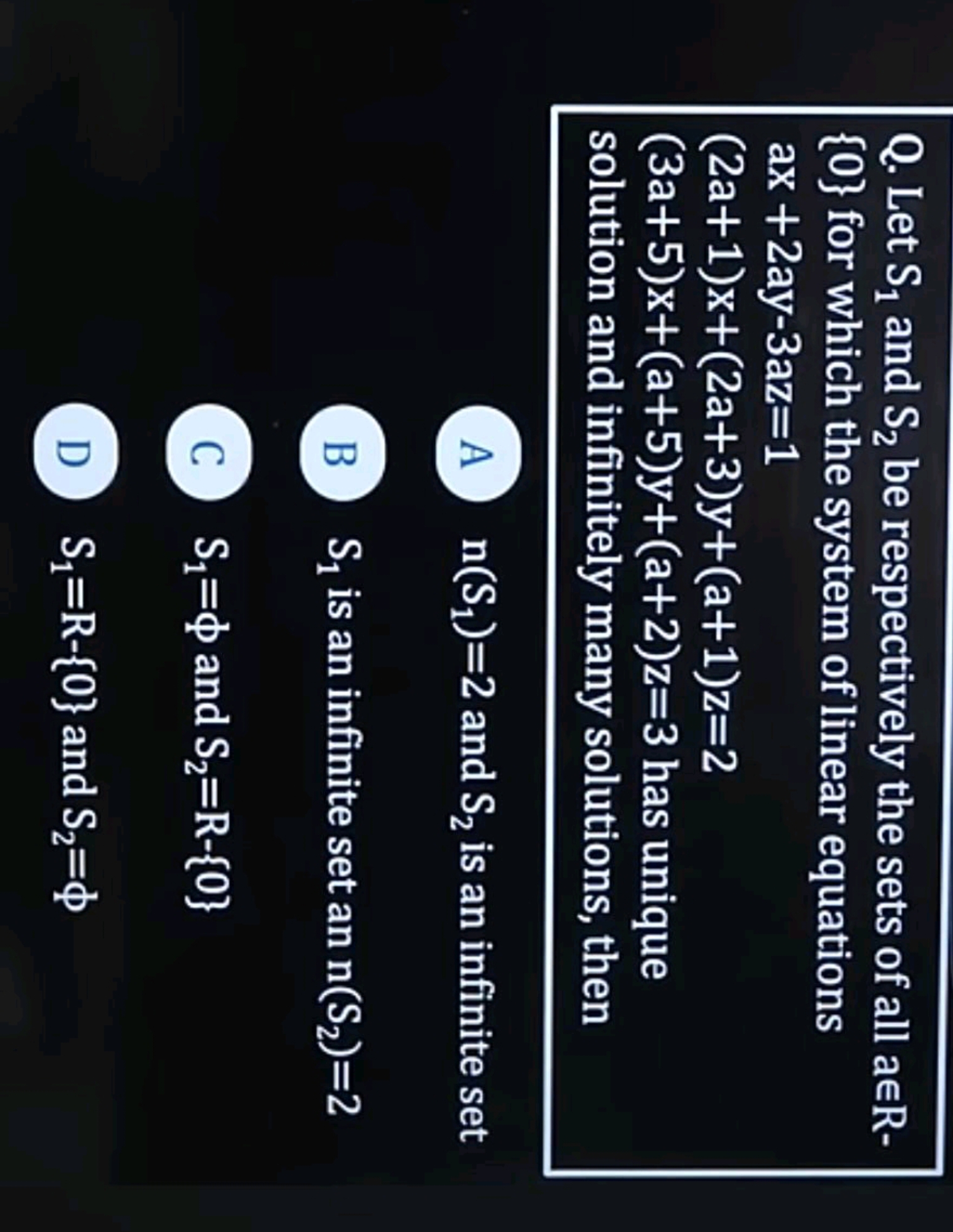 {0} for which the system of linear equations ax+2ay−3az=1
(2a+1)x+(2a+