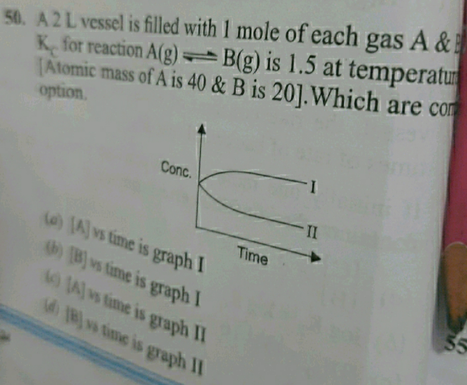 50. A2L vessel is filled with 1 mole of each gas A& K, for reaction A(