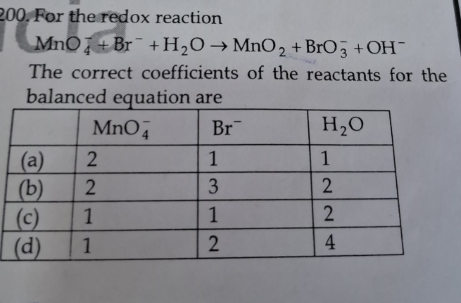 200. For the redox reaction
MnO4−​+Br−+H2​O→MnO2​+BrO3−​+OH−

The corr