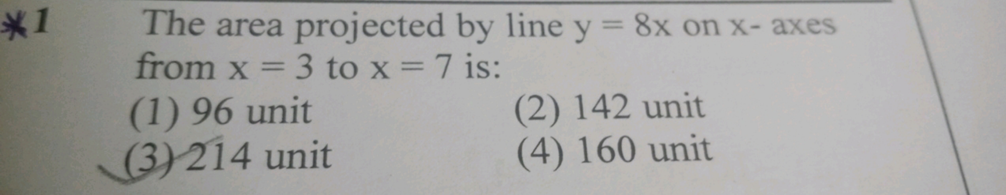 The area projected by line y=8x on x− axes from x=3 to x=7 is: