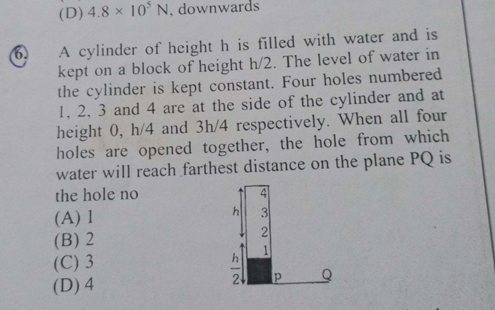 A cylinder of height h is filled with water and is kept on a block of 