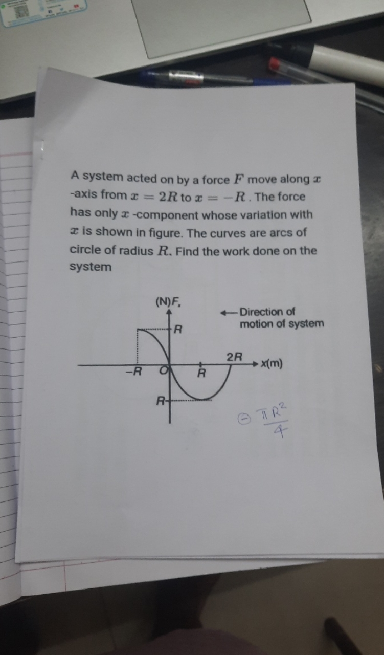 A system acted on by a force F move along x -axis from x=2R to x=−R. T