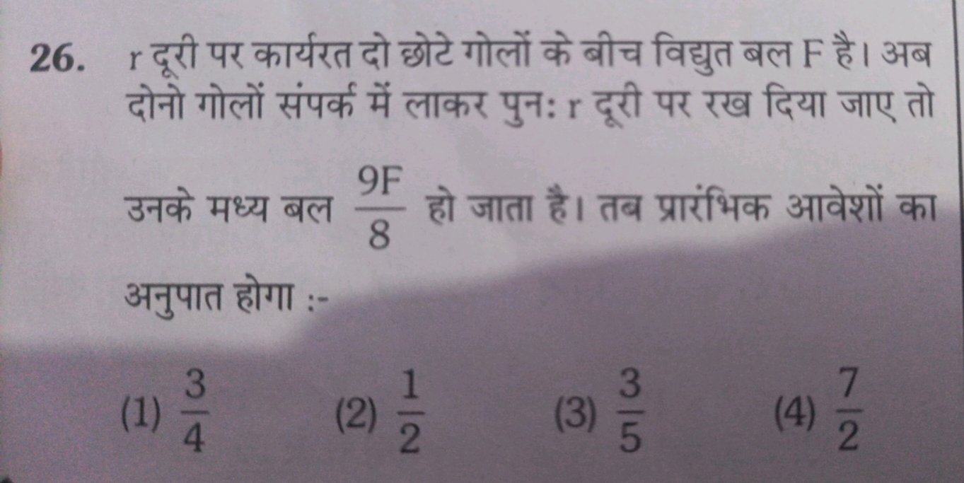 26. r दूरी पर कार्यरत दो छोटे गोलों के बीच विद्युत बल F है। अब दोनो गो