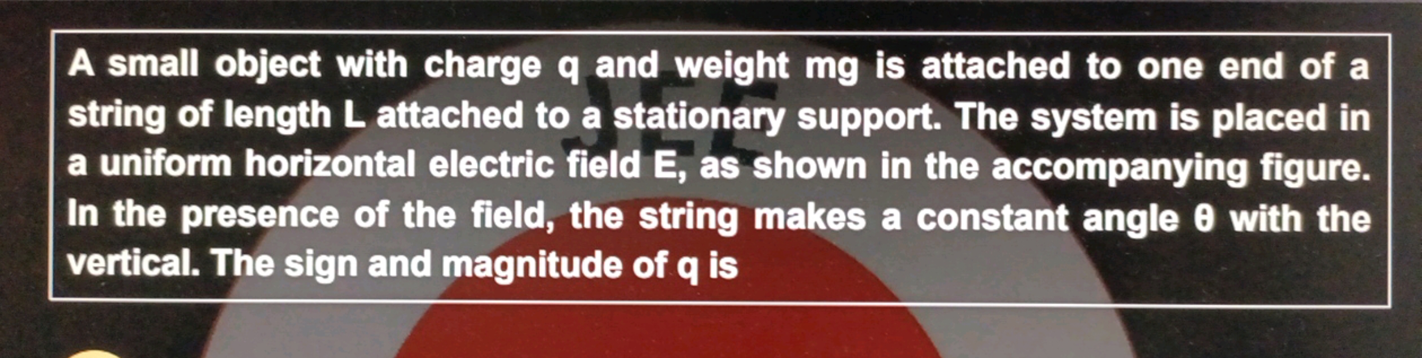 A small object with charge q and weight mg is attached to one end of a