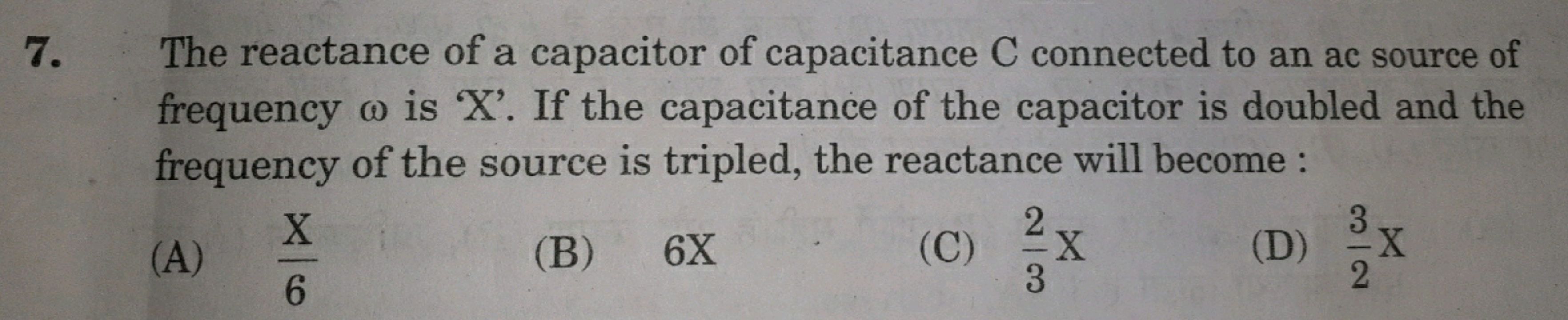 The reactance of a capacitor of capacitance C connected to an ac sourc