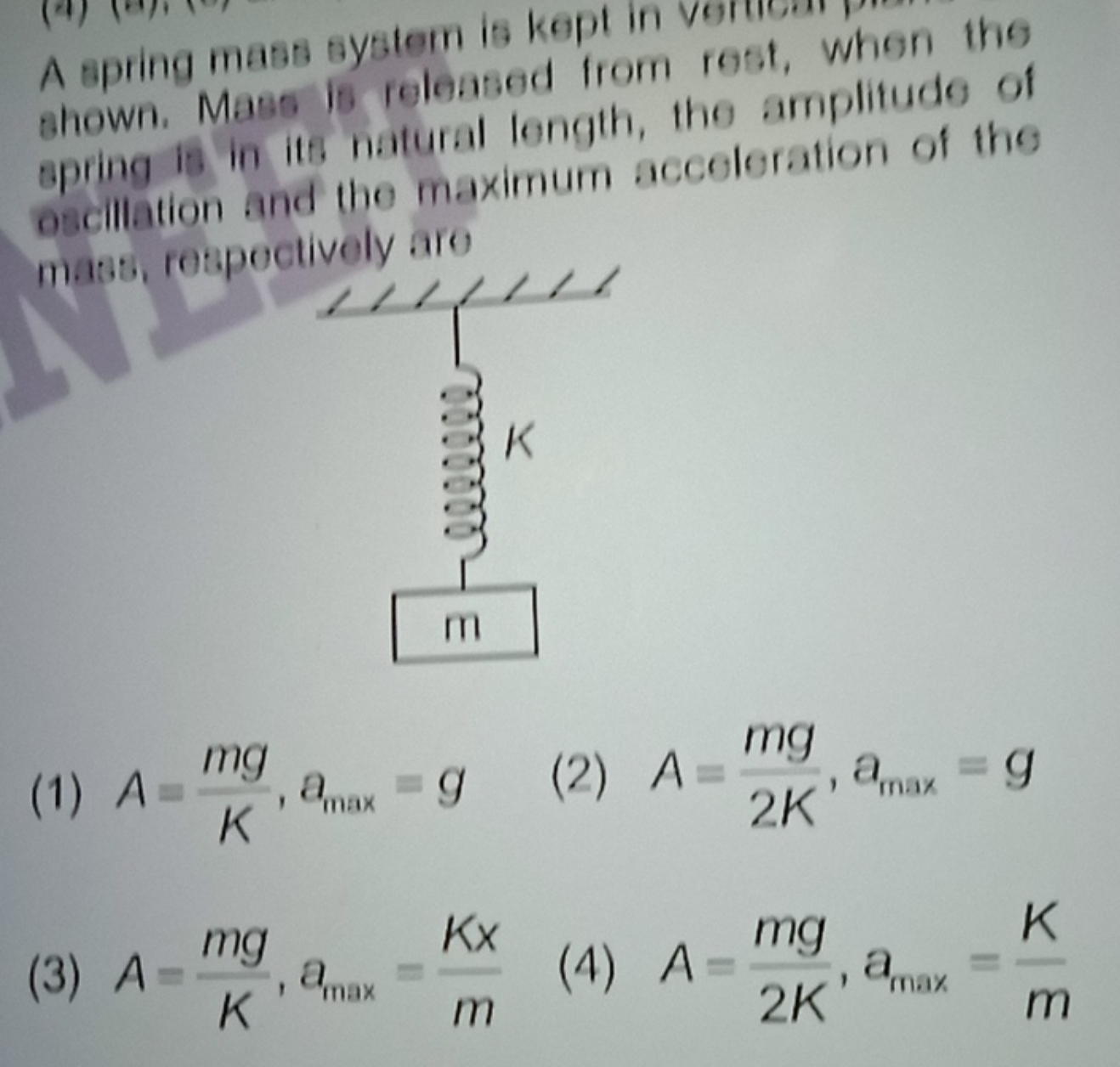 A spring mass system is kept in shown. Mass is relensed from rest, whe