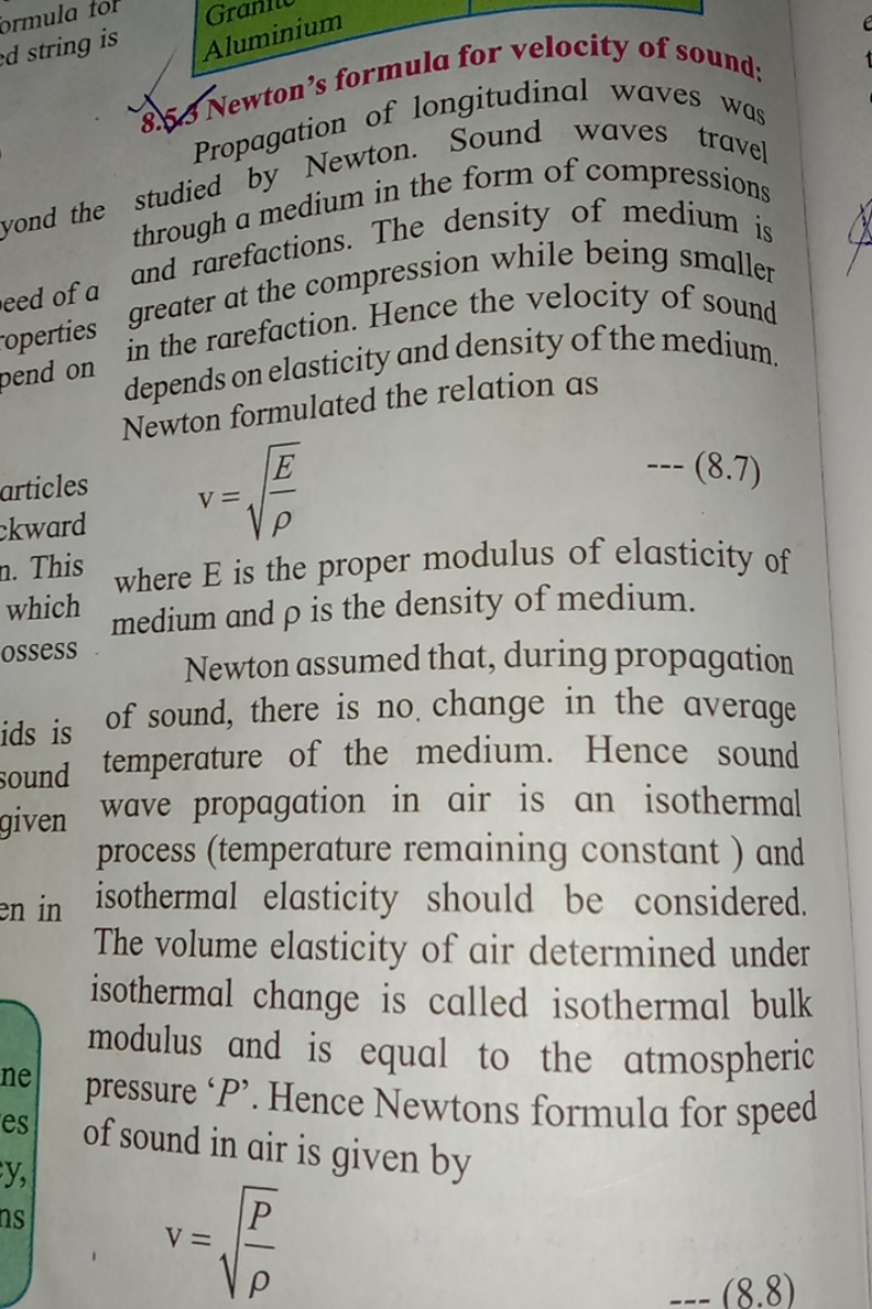 Aluminium
8.5. Newton's formula for velocity of sound Propagation of l