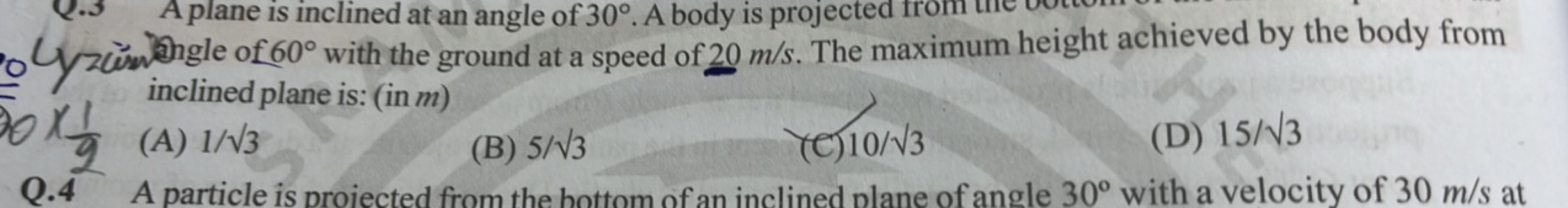 Yzermed of 60∘ with the ground at a speed of 20 m/s. The maximum heigh