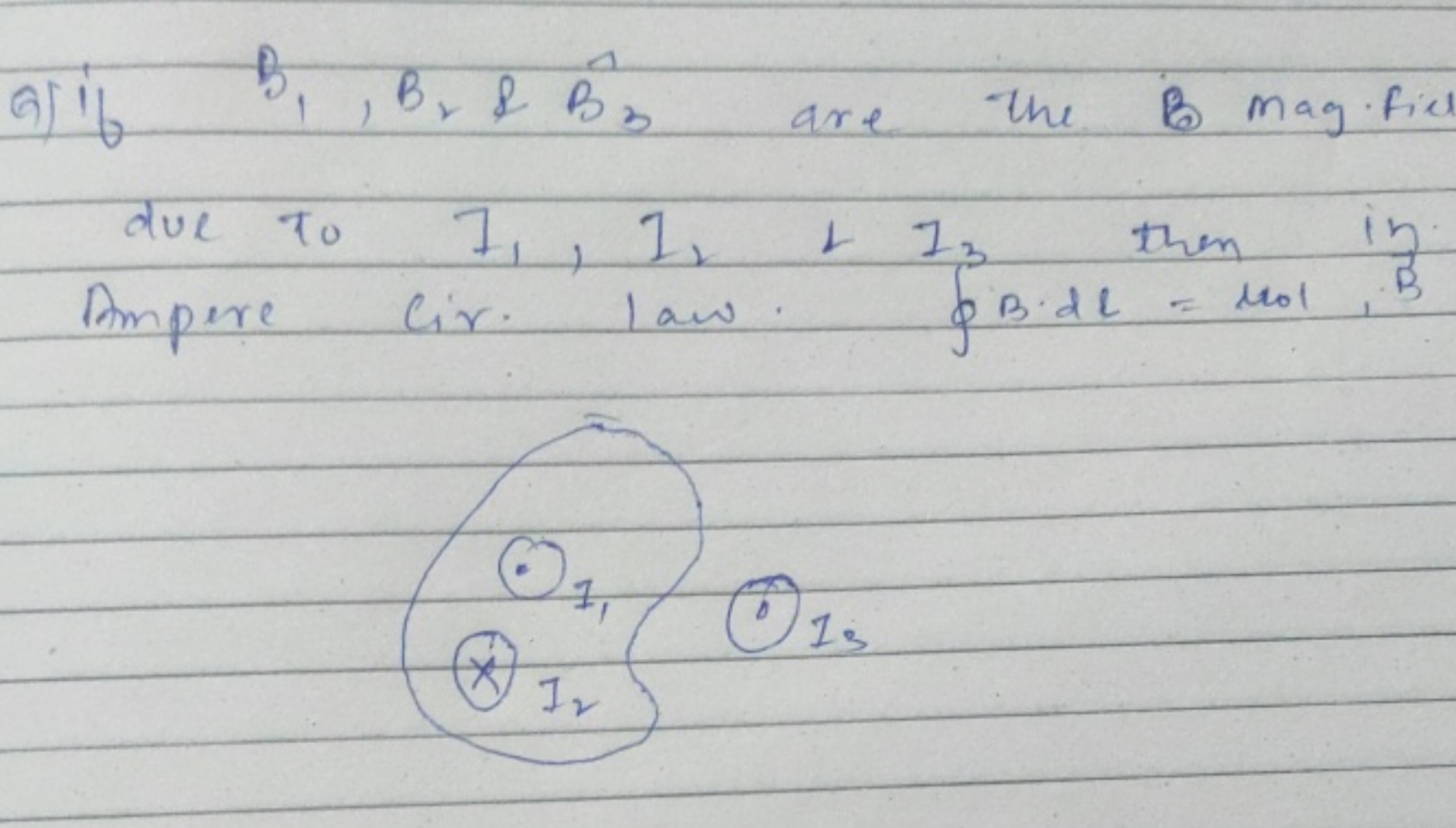 Q) if B1​,B2​&B^3​ are the B mag fill due to I1​,I2​&I3​ then in Amper