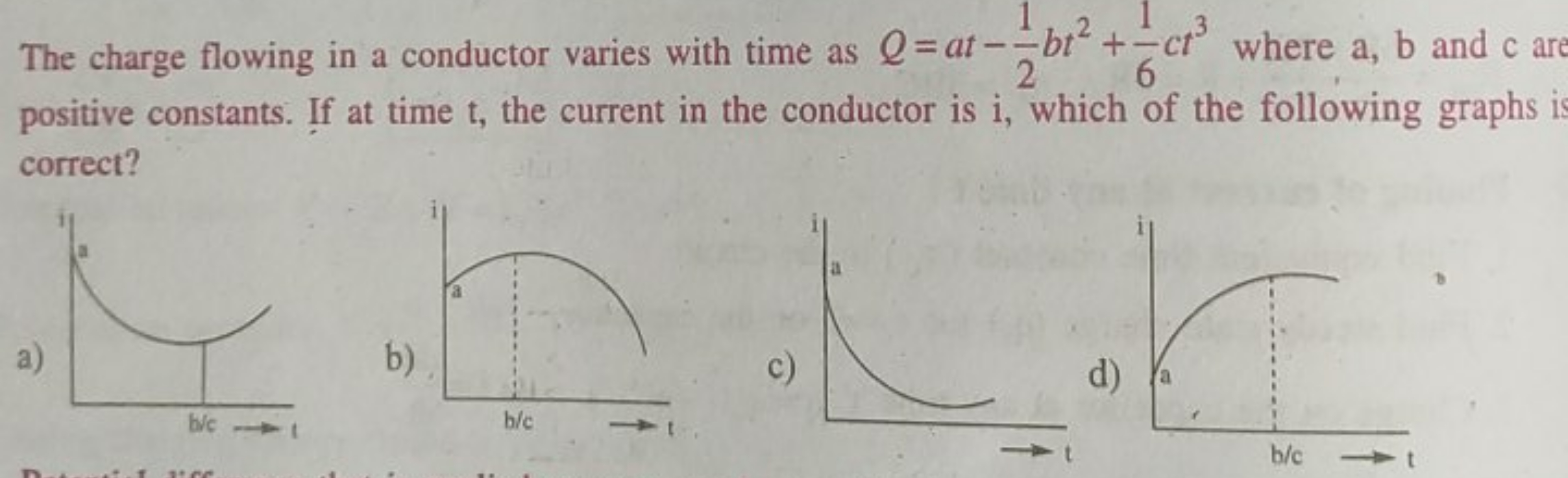 The charge flowing in a conductor varies with time as Q=at−21​bt2+61​c