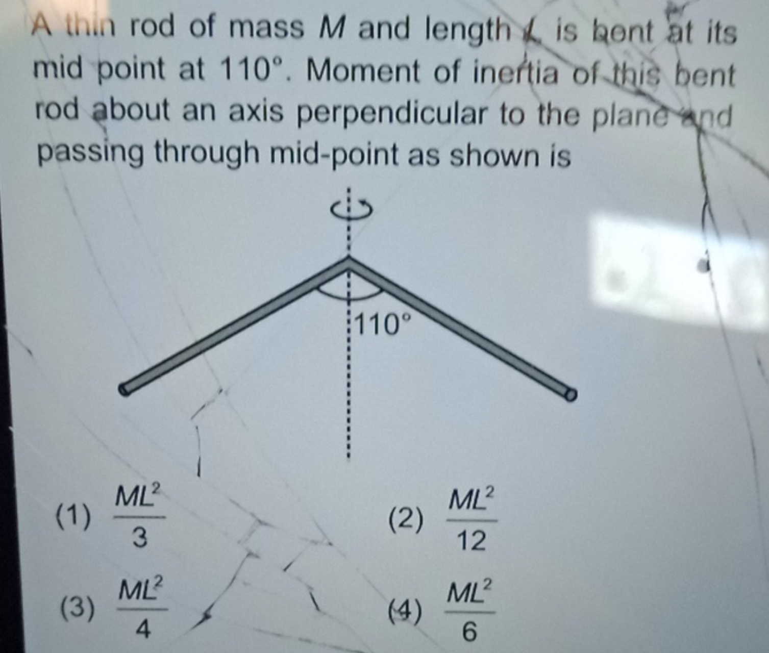 A thin rod of mass M and length K is kont at its mid point at 110∘. Mo