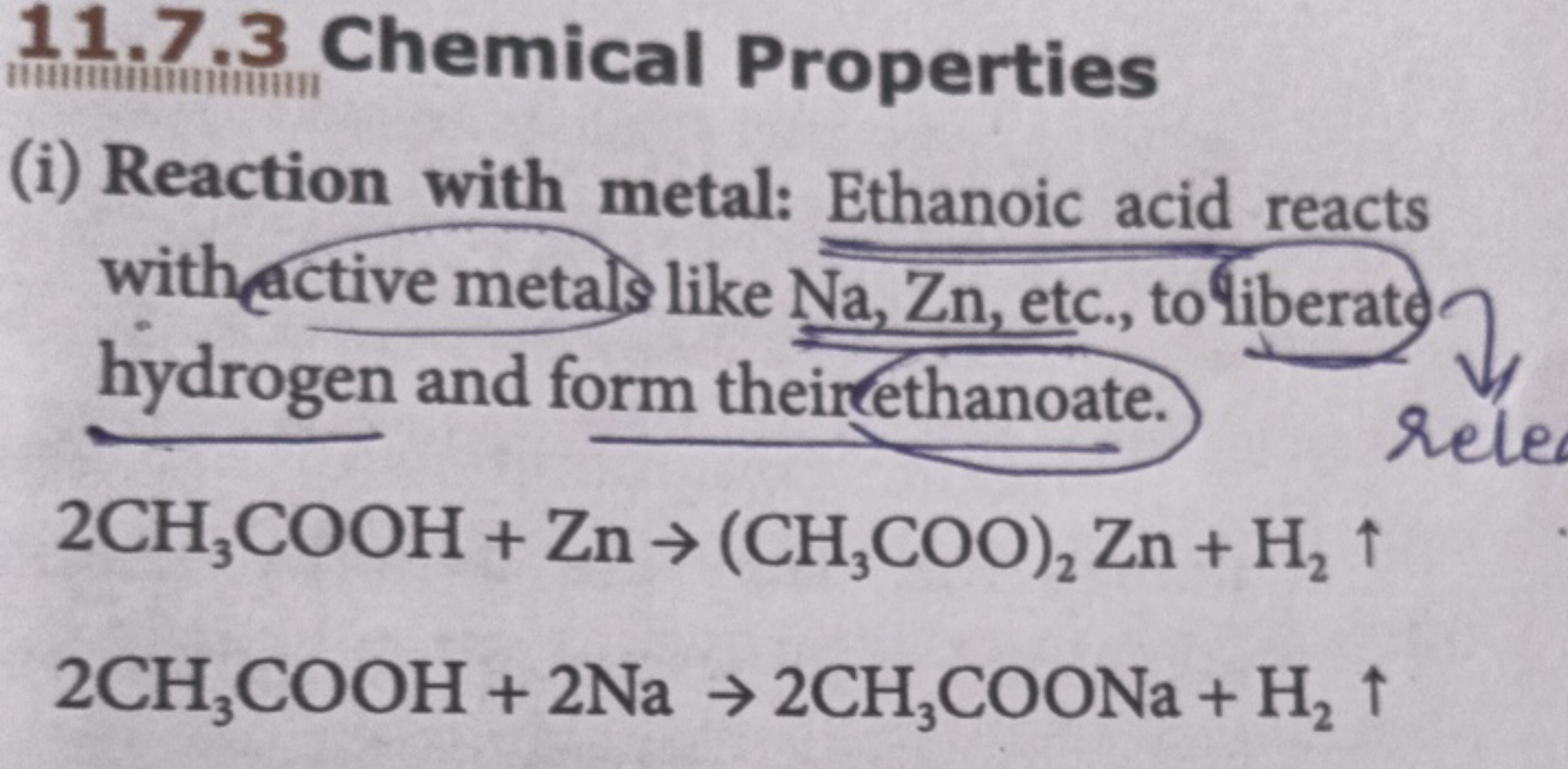 (i) Reaction with metal: Ethanoic acid reacts with active metals like 